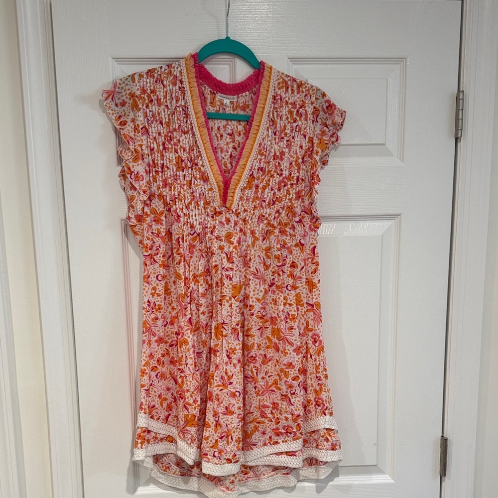 Poupette St. Barth Pink and Orange Floral Midi Dress